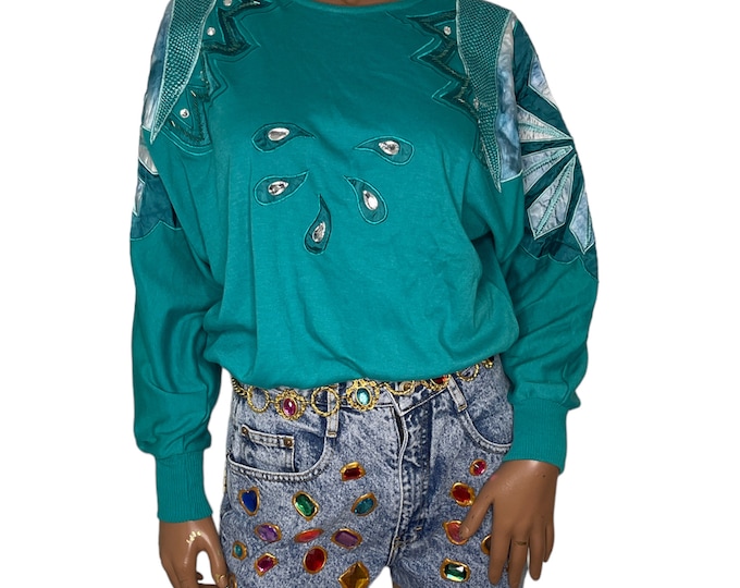 Vintage Jewel Embroidered Applique Sweatshirt Blouse sz Medium