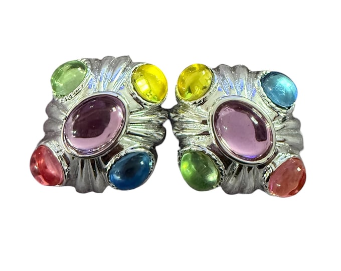 Vintage Silver Jeweled Cabochon Earrings