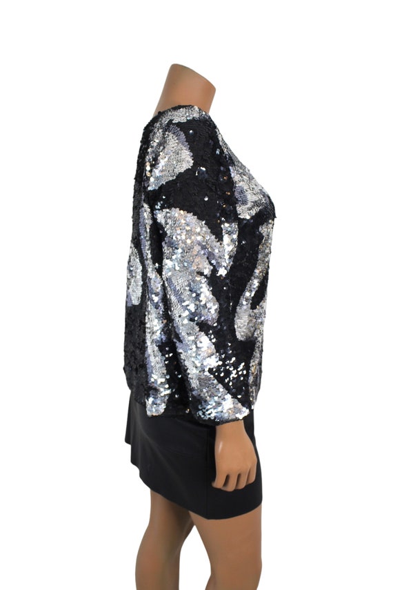 Vintage Abstract Black & Silver Sequin Blouse... … - image 2