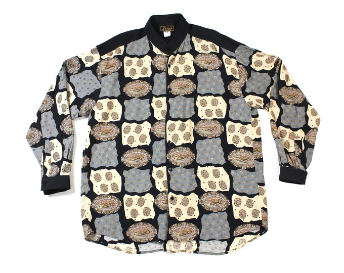 Vintage Abstract Mens Color-Block Colorless Button-up Shirt.. Sz Med