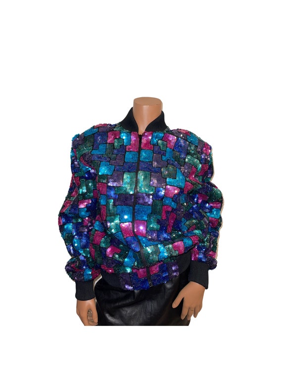 Vintage Laurence Kazer Sequin Bomber Jacket sz XL