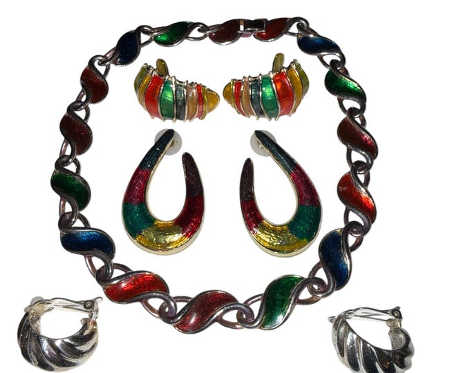 Vintage Silver Tone Colorful Necklace and 3 Earrings Bundle