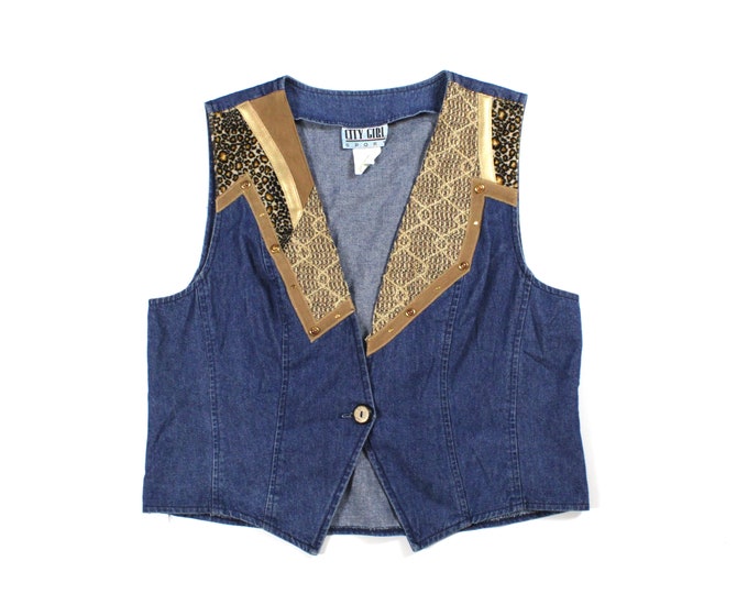 Vintage Color Block Leopard Print Denim Vest