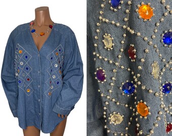 Vintage  Denim Jeweled Blouse sz 4X