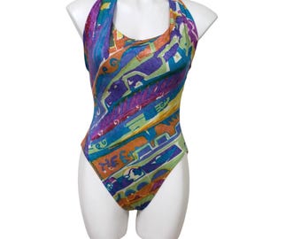 Vintage  Abstract Colorful One Piece Bathing Suit... Sz 10