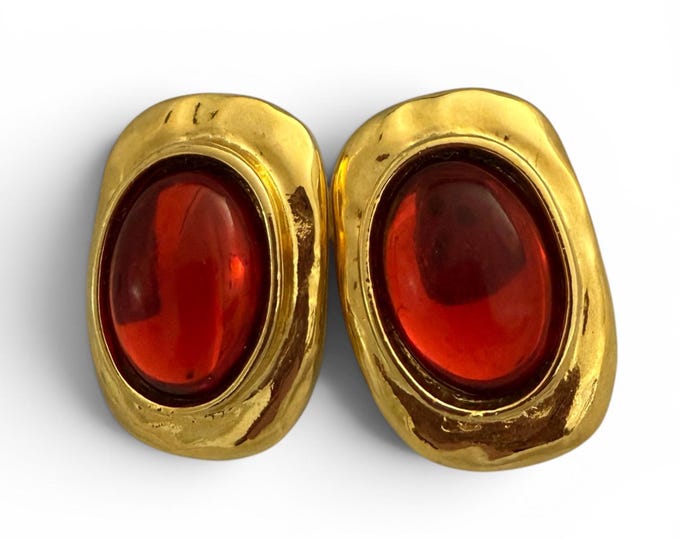 Vintage Goldtone Orange Jeweled Clip On Earrings