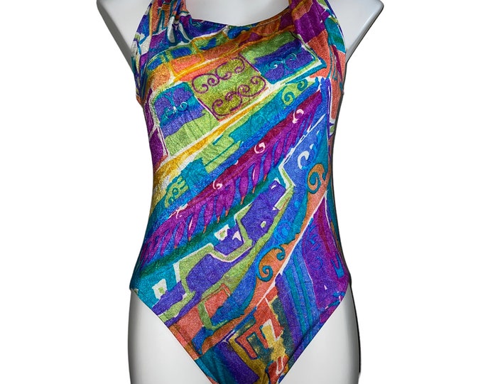 Vintage Women's Abstract Colorful One Piece Bathing Suit... Sz 10