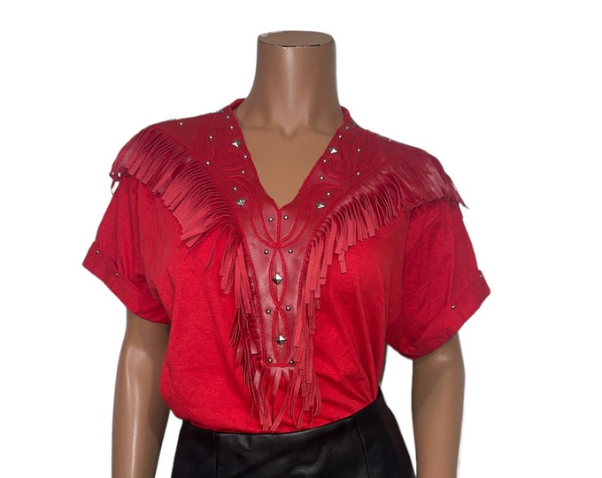 Vintage Fringe Embellished Red Tshirt Blouse..