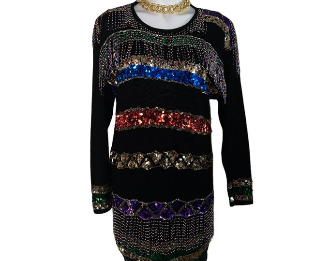 Vintage  Fringe Sweater Beaded Sequin Dress