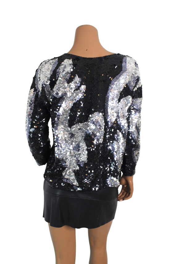 Vintage Abstract Black & Silver Sequin Blouse... … - image 3