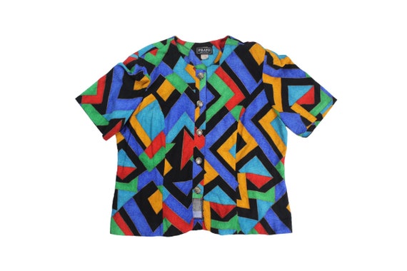 Vintage Women's Abstract Colorful Button-Up Blous… - image 1