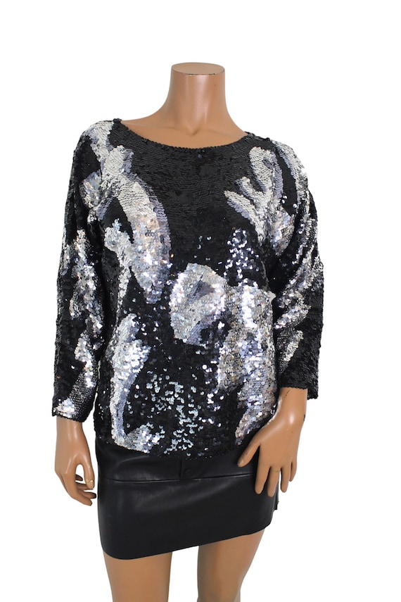 Vintage Abstract Black & Silver Sequin Blouse... … - image 1