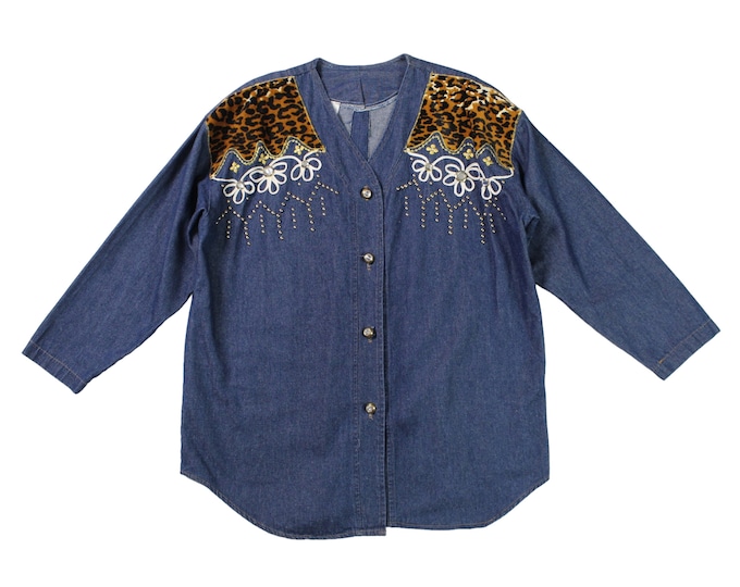 Vintage Denim Leopard Jeweled Blouse ...