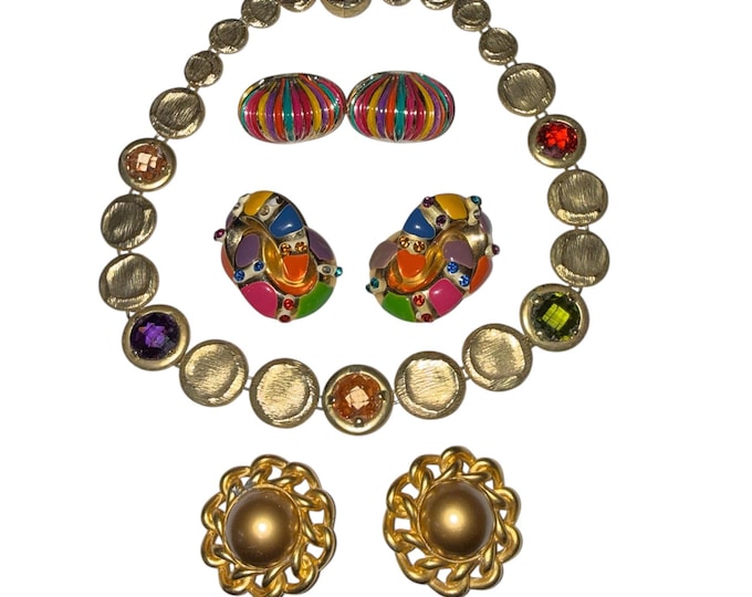 Vintage Gold Tone Jeweled Necklace and 3 Earrings Bundle