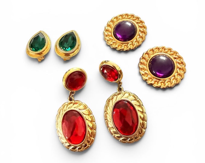 Vintage Gold Tone Jeweled Earrings Bundle