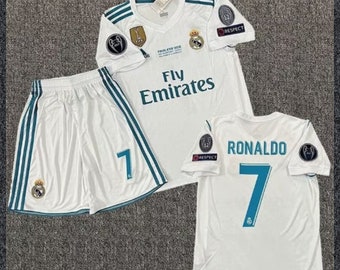 Retro 2017/18 R.O.N.A.L.D.O #7 Real Madrid UEFA thuisshirt met korte mouwen, Real Madrid Jersey, CRonaldo Barb voetbalshirt set, cadeau voor hem