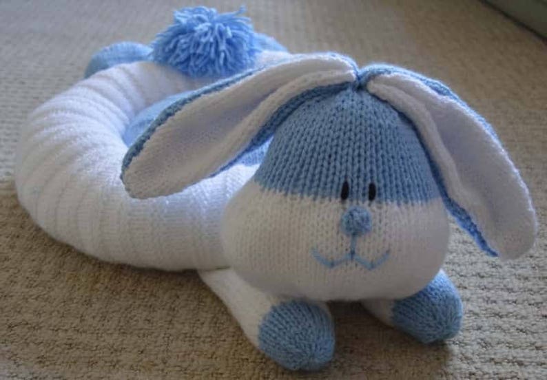 PDF KNITTING PATTERN Rabbit Snuggler Pet Bed Child's Cushion Knitting Pattern Download From Knitting by Post. Pdf download image 1