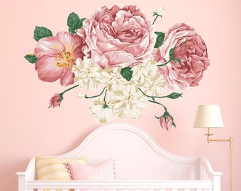 Peony Wall Decal Nursery. Peony Flowers Wall Sticker. Floral Watercolour Flower Wall Decals. Peel and Stick Wallpaper Mural Removable vs124