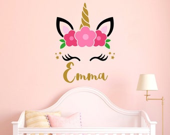 Personalized Unicorn Wall Decal Girls Name Sticker Colorful Custom Name Decals Vinyl Decals Baby Girl Name Bedroom Nursery Wall Decor