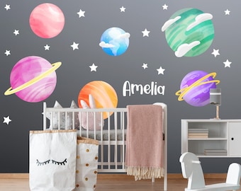 Set of Planets Personalized Space Wall Decals for Girls Watercolor Stars Wall Decals Girl Bedroom Wall Decal Nursery Peel & Stick Stickers