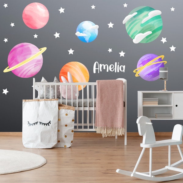 Set of Planets Personalized Space Wall Decals for Girls Watercolor Stars Wall Decals Girl Bedroom Wall Decal Nursery Peel & Stick Stickers