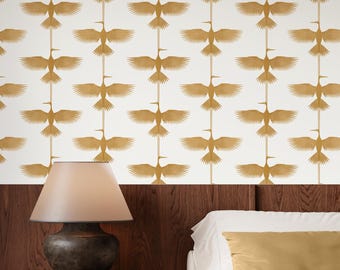May include: Wallpaper featuring a repeating pattern of golden-brown birds with outstretched wings arranged in vertical columns against a solid white background. The birds are stylized with a soft, watercolor-like texture and symmetrical shapes.
