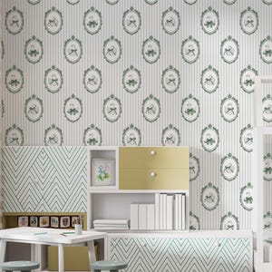 Vintage Swan Wallpaper – Striped Peel and Stick Neutral Nursery Mural, Green Contour Bird Pattern, Elegant Baby Room Decor, Classic Wall Art