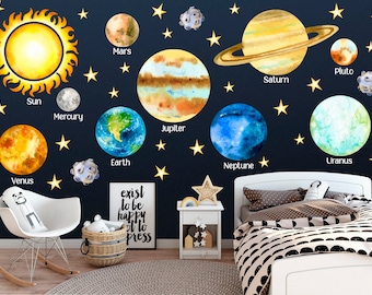 Solar System Wall Decal Boy Room Space Watercolor Decals Kids Room Set of Planets Boy Bedroom Nursery Set of Stars Peel & Stick Stickers