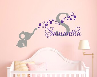 Personalized Name Wall Decal Baby Girl Name Decal Elephant Decals Nursery Decor Baby Wall Decal Children Nursery Custom Name Sticker