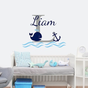 Boys Name Wall Decal / Nursery Baby Boy Room Decor / Whale Wall Decal / Anchor Wall Decal / Nautical Decor / Wall Vinyl Sticker Decals