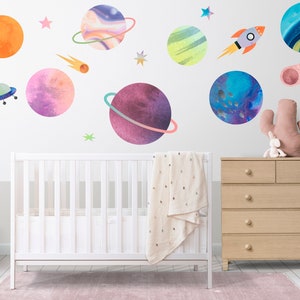 Space Wall Decals for Girls Room Watercolor Set of Planets Stars Wall Decals Baby Girl Bedroom Wall Decal Nursery Girl  Peel  Stick Stickers