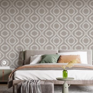 Modern Retro Geometric Wallpaper – Beige Peel And Stick Wall Mural For Bedroom, Mid Century Circle Pattern Removable Wallpaper