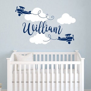 Boy Name Wall Decals Nursery Decor Airplane Vinyl Sticker Clouds Biplane Plane Personalized Boys Name Decal Children Kids Room Wall Art