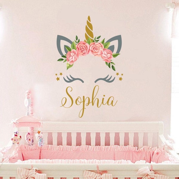 Personalized Wall Decal Girls Name Unicorn Sticker Flowers Colorful Custom Name Decals Vinyl Decals Baby Girl Bedroom Nursery Decor vs116