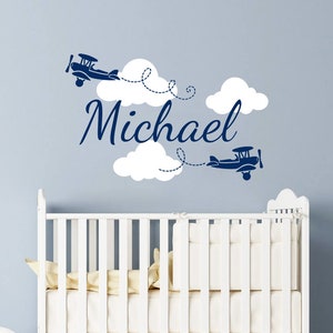 Boy Name Wall Decals Nursery Decor Vinyl Sticker Clouds Biplane Airplane  Plane Boys Name Decal Children Kids Room Wall Art