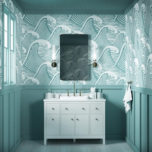 Aqua Wave Wallpaper – Coastal Peel and Stick Bathroom Wall Mural, Blue Graphic Ocean Pattern, Modern Zen Decor, Bold Self Adhesive Art