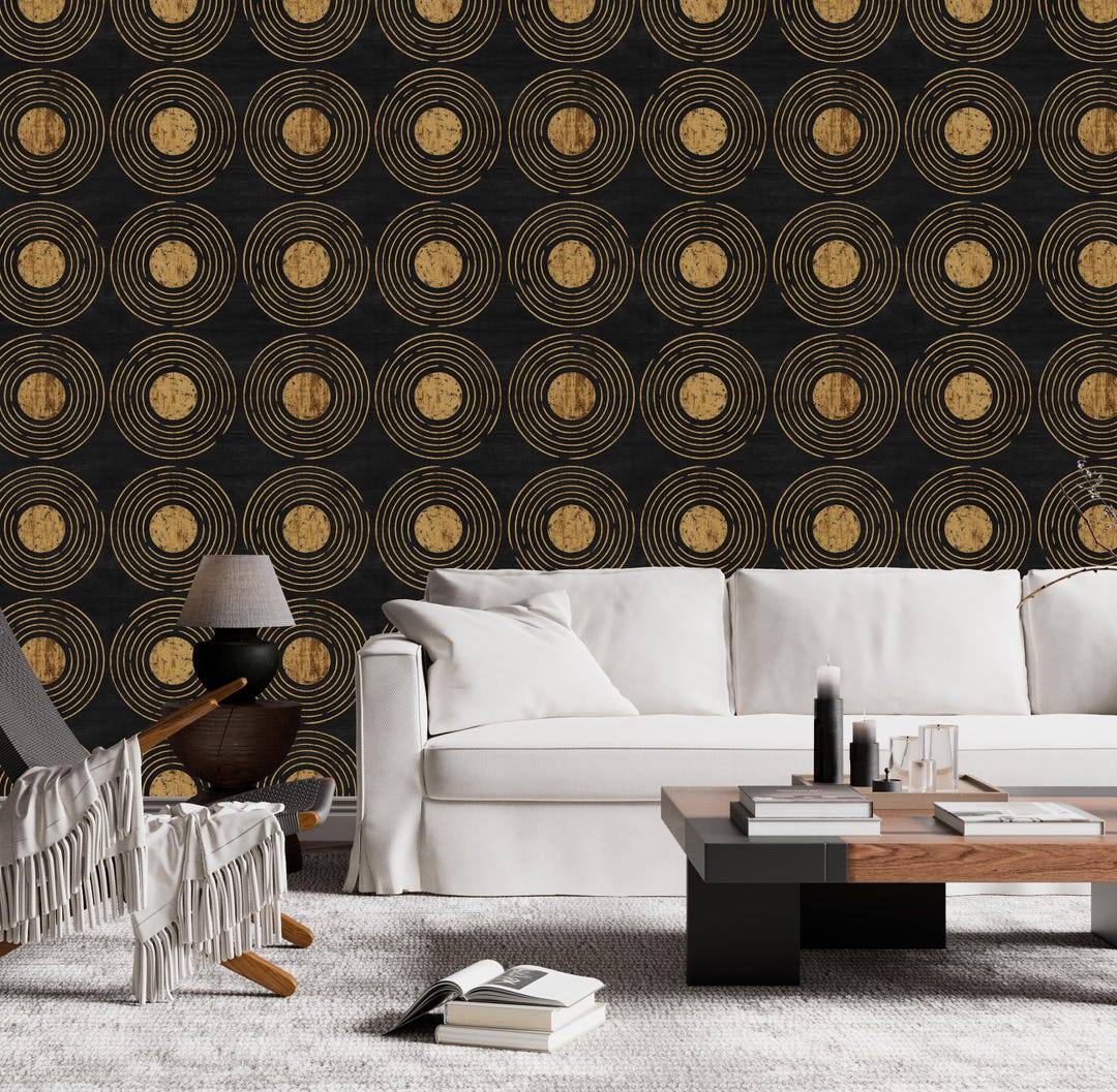 Geometric Circle Wall Mural – Luxury Black and Gold Art Deco Wallpaper ...