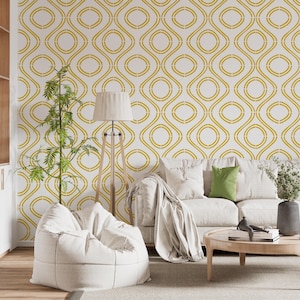 Yellow Retro Geometric Wallpaper – Mid Century Oval Pattern Removable Wall Mural, Peel And Stick Accent Wall For Modern Living Room