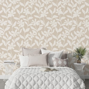 Beige Floral Peel and Stick Wallpaper – Neutral Textured Botanical Mural, Warm Minimalist Removable Wall Art for Modern DIY Home Decor