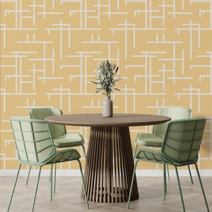 Geometric Yellow Wallpaper – Modern Removable Wall Mural With White Line Pattern, Peel and Stick Accent Wall for Kitchen or Dining Room