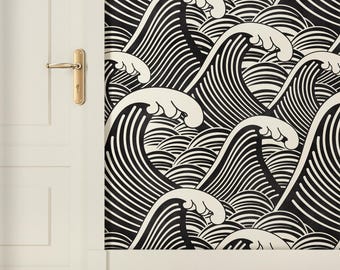 Black & White Waves Design Wallpaper – Classic Vintage Ocean Wall Mural for Living Room, Minimalist Decor for Any Interior, DIY Wallpaper