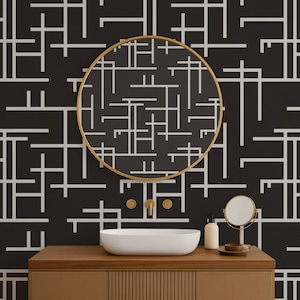 Black and White Geometric Removable Wallpaper – Modern Peel And Stick Wall Mural With Beige Lines, Abstract Grid Accent Wall Decor