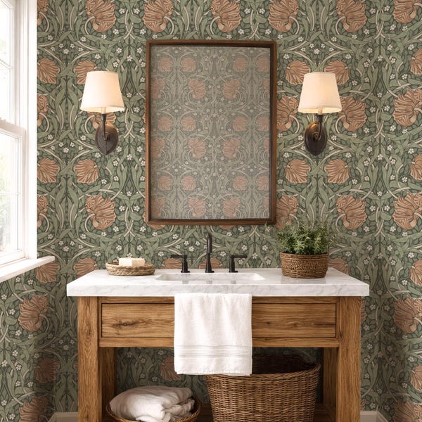 Rustic William Morris DIY bathroom wallpaper, green botanical peel and stick art nouveau floral wall covering, vintage decor