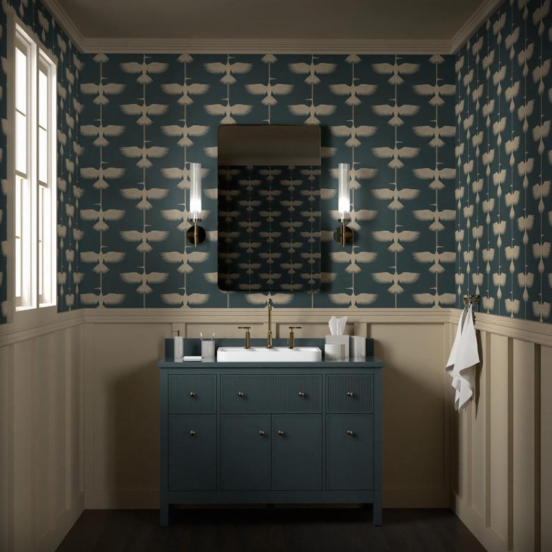 British Vintage Cranes Wallpaper – Peel and Stick Bedroom & Bathroom Wallpaper, High-quality Art Mural, Vintage Adhesive Wallpaper for Home image 2