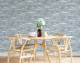 Japanese Wave Design Wallpaper Mural – Removable Peel and Stick Vinyl Wall Covering, Light Blue Sea-Inspired Neutral Decor for Home Walls