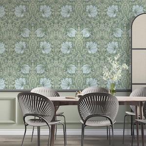 Green Botanical Art Nouveau Wallpaper – William Morris Inspired Peel And Stick Wall Mural For Dining Room, Vintage Floral Removable Wall Art
