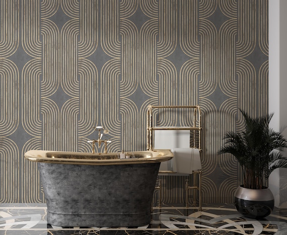 Dark Art Deco Wallpaper – Luxury Removable Wall Mural for Bathroom, Charcoal Gold Peel and Stick Wallpaper, Glam Interior Accent