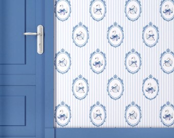 May include: Wallpaper featuring a repeating pattern of white swans with blue bows, each enclosed in an ornate blue oval frame, set against a background of vertical white and light blue stripes, positioned next to a solid blue door with a silver handle.
