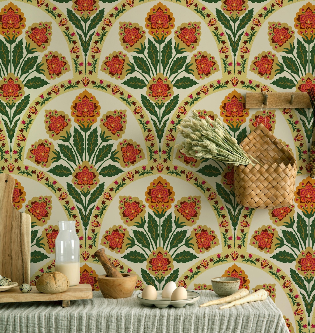 Floral DIY Removable Vintage Wallpaper, Funky Botanical Whimsical Retro ...
