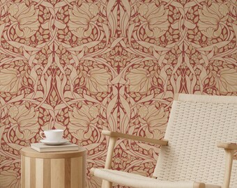 Red and Beige Art Nouveau Wallpaper – William Morris Floral Wall Mural, Vintage Removable Wall Art, Elegant Botanical Peel & Stick Wallpaper